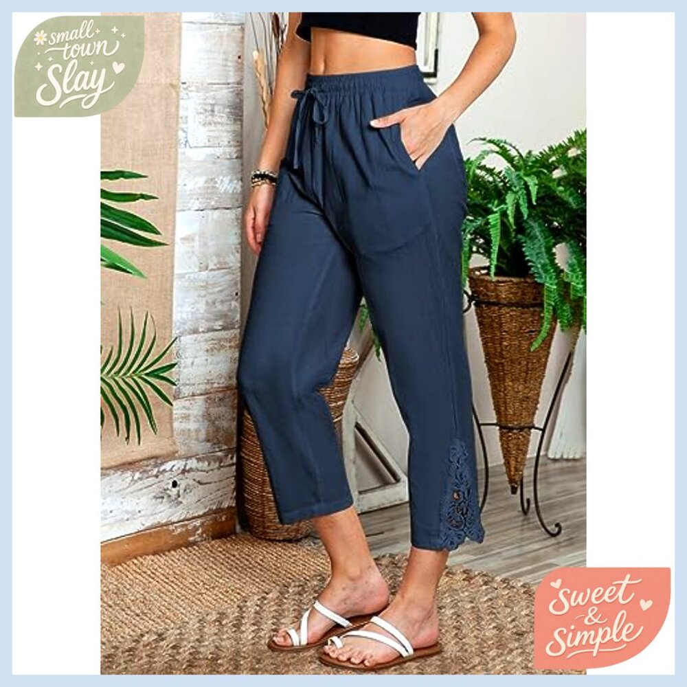 Casual Lightweight Drawstring Elastic Waist Pants with Pockets Capri Length - Picture 6 of 7